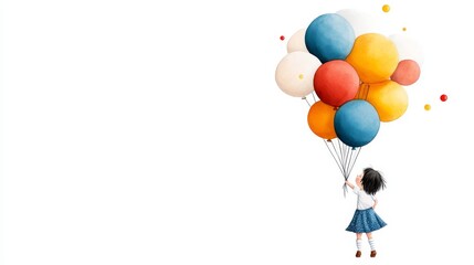 Joyful Girl Flying with Colorful Balloons Whimsical Illustration