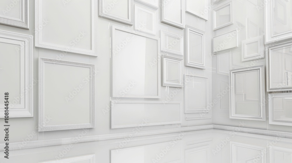 Poster elegant and minimalist gallery space with empty white frames on wall and reflective floor for art di