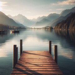 Fototapeta premium Calm lakeside scene with a wooden pier and mountains in the background
