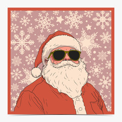 Funny Christmas greeting card, postcard, invitation with cool and chubby Santa Claus wearing green sunglasses on snowy, snowflakes pink background, vector illustration
