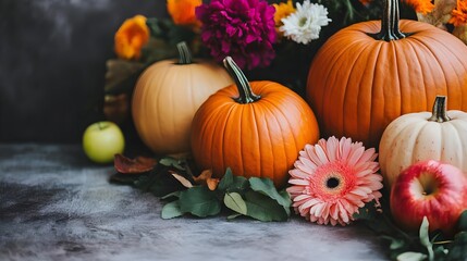 Autumn Pumpkins Flowers Still Life
