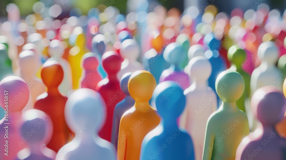 Poster 3d models representing various socio-economic backgrounds gathered against a softly blurred communit