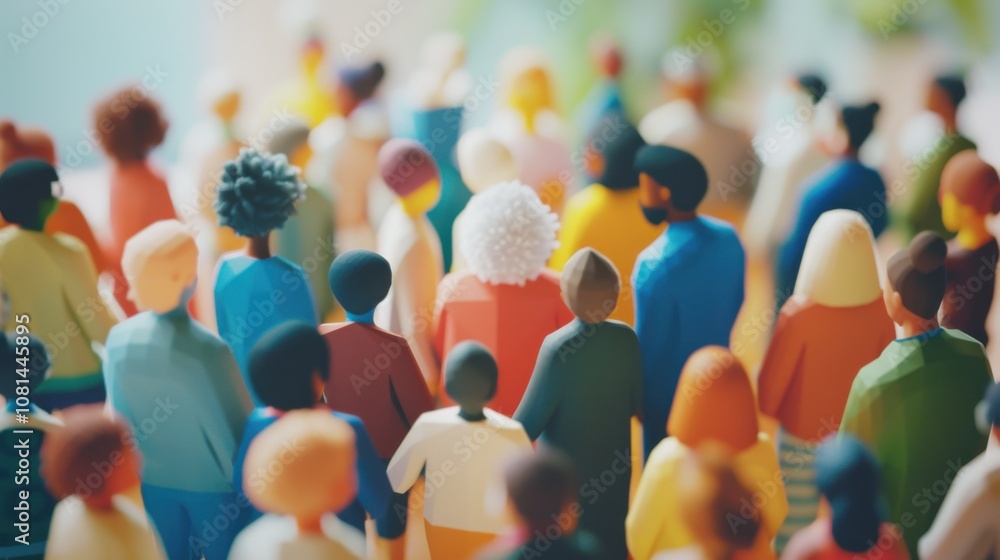 Poster 3d models representing various socio-economic backgrounds gathered against a softly blurred communit
