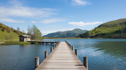 Fototapeta premium Calm lakeside scene with a wooden pier and mountains in the background