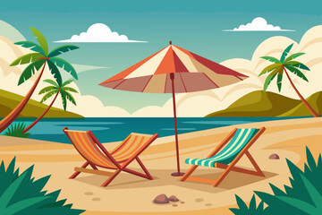 Canvas chairs with parasol on a beautiful beach