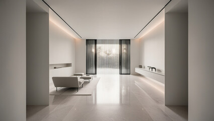AI generative. 3d render of minimal design of interior guest room of white ambiance. 1