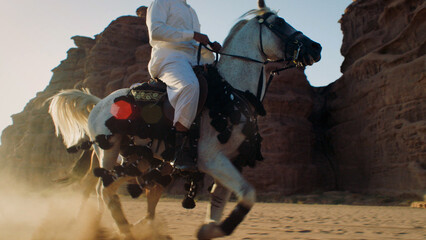 Silhouette of man riding horse through Saudi Arabian desert