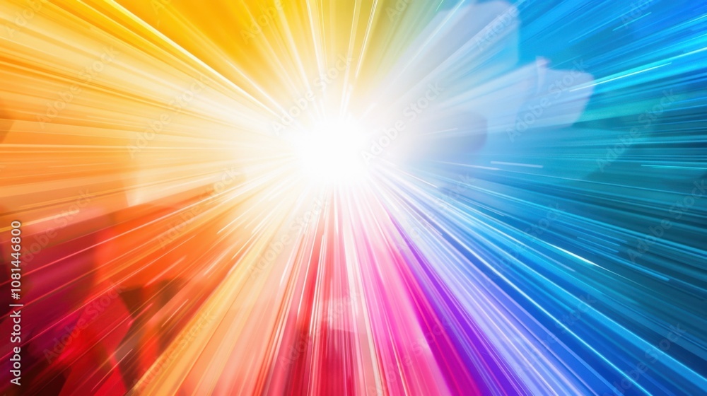 Poster a burst of colorful rays emanating from a central point, representing the illumination of diverse pe
