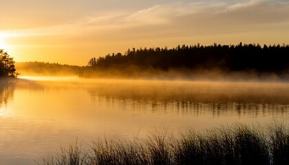 Fototapeta premium Misty Morning on a Tranquil Lake With Rolling Fog Hovering Over the Water and a Distant Forest Just Visible Through the Hazy Light of Dawn