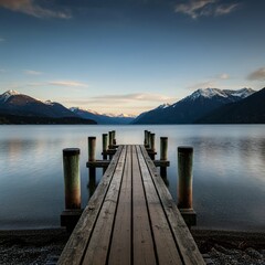 Fototapeta premium Calm lakeside scene with a wooden pier and mountains in the background