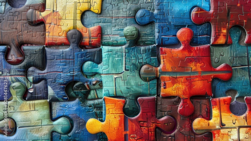 Poster A captivating visual of a series of differently colored and textured puzzle pieces coming together to form a complete image