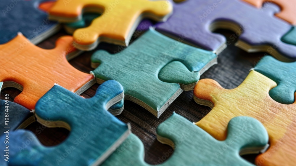 Poster A captivating visual of a series of differently colored and textured puzzle pieces coming together to form a complete image