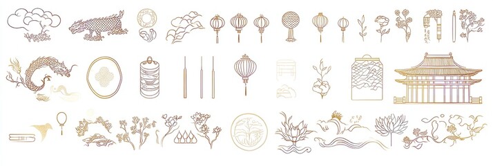 "A large set of gold line art vector elements for the Lunar New Year":
