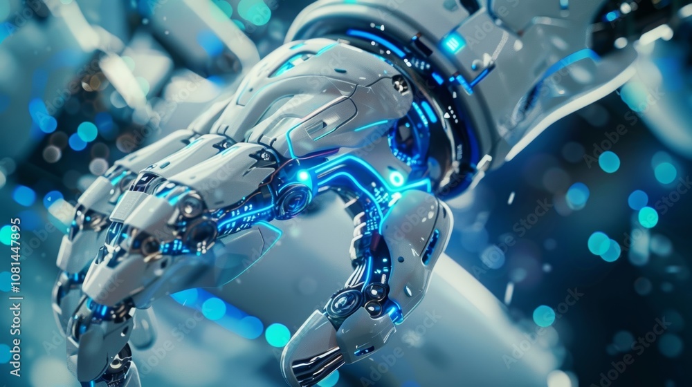 Poster advanced robotic hand with glowing blue lights extending forward, showcasing the potential of future