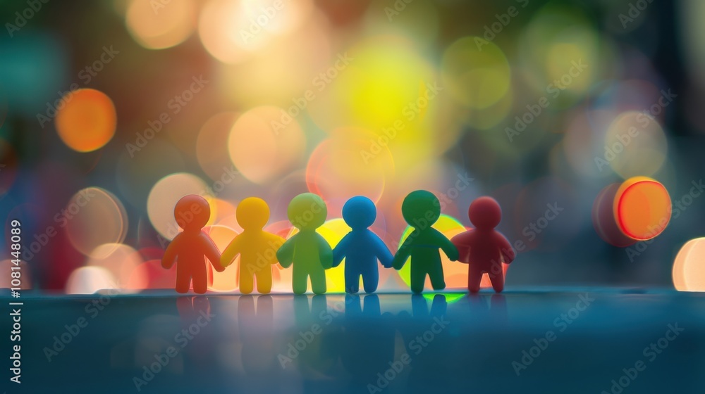 Poster A cluster of 3D figures symbolizing diversity against a softly blurred university campus backdrop, Representing inclusivity in higher education, photography style