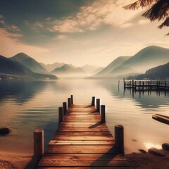 Fototapeta premium Calm lakeside scene with a wooden pier and mountains in the background