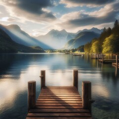 Fototapeta premium Calm lakeside scene with a wooden pier and mountains in the background
