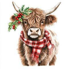 festive highland cow wearing red plaid scarf and holly leaves, exuding charm and warmth during holiday season