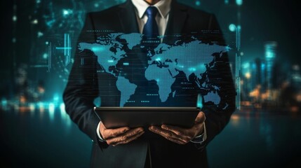 A man holding a computer, wearing a suit, virtual interface, world map