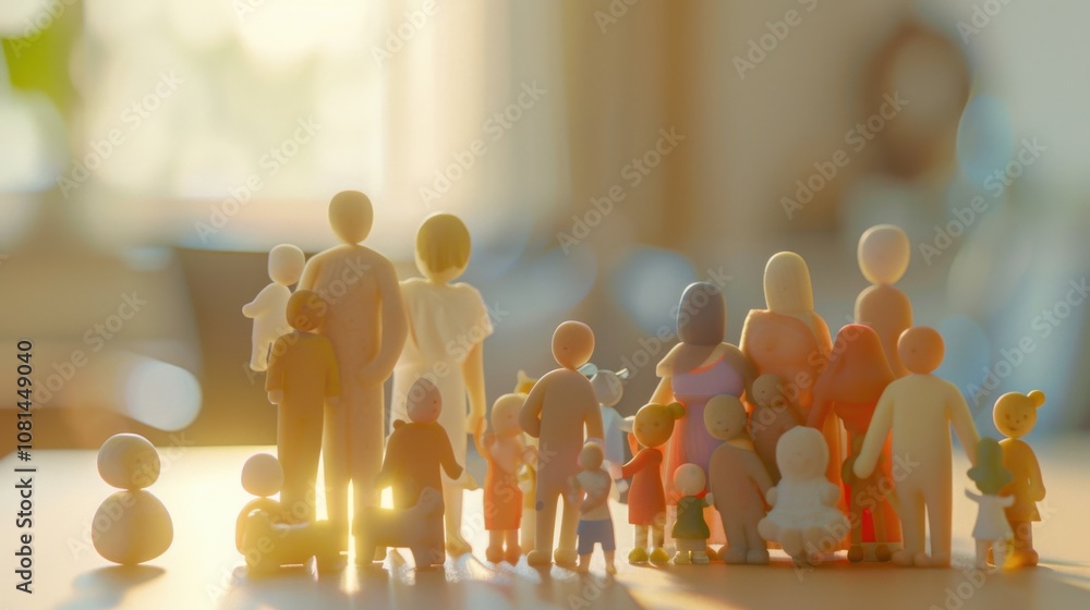Poster a cluster of 3d representations of diverse family structures against a softly blurred home interior,