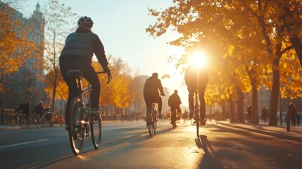 People Cycling Through Autumn Trees