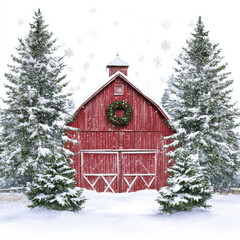 red barn surrounded by snow covered trees, adorned with wreath, creates serene winter scene. Snowflakes gently fall, enhancing peaceful atmosphere