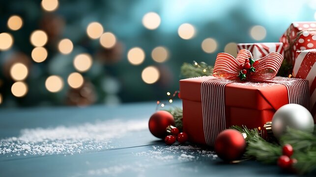 Festively wrapped Christmas gifts and holiday with red green and gold colors set against a blurred sparkling bokeh background  Cozy and joyful winter season concept