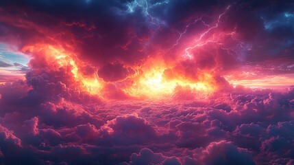 Fototapeta premium Crimson and Blue Lightning Storm Above a Sea of Clouds