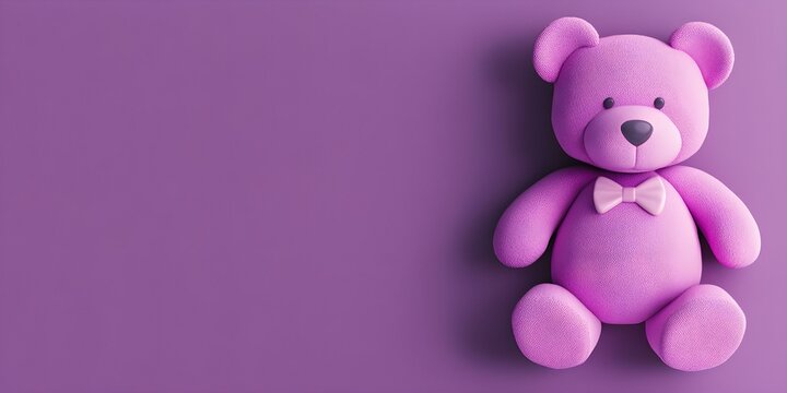 A cute teddy bear icon situated on the right side, isolated on a panoramic purple backdrop with room for personalized messages.