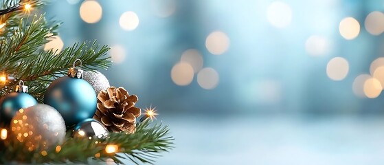 Obraz premium Closeup of a beautifully decorated Christmas tree with shiny glass ornaments pine cones and twinkling fairy lights against a blurred background of a winter landscape with a soft