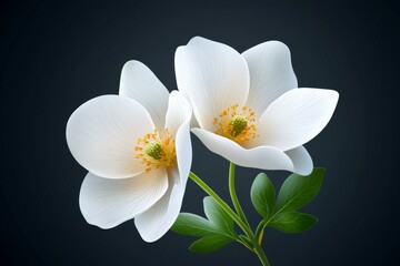 Two white flowers are shown in a close up