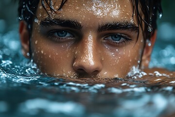 Close up portrait of handsome man with wet hair and blue eyes looking at camera in swimming pool water
