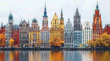 Fototapeta premium Scenic view of colorful historical buildings by a river.