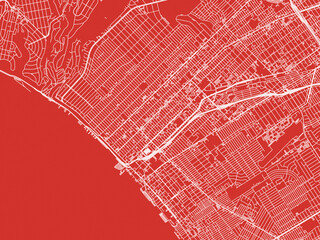 Christmas Map of Santa Monica  California, USA in Snowy White on Festive Red Background.