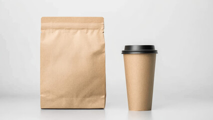 Takeaway coffee cup and kraft paper bag on clean background, perfect for showcasing eco friendly packaging. Ideal for cafes and food delivery services
