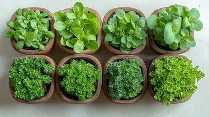 Fresh Herbs in Clay Pots on Rustic Background