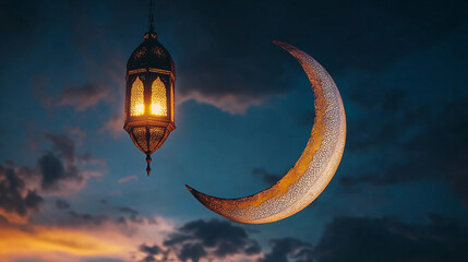 A crescent moon and a lantern against a dramatic evening sky, symbolizing Ramadan.