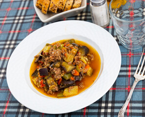 Appetizing vegetable stew with minced meat served on plate