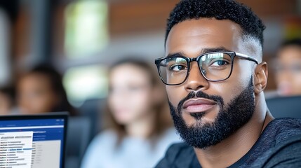 Obraz premium Focused African American Professional Working on Laptop Computer at Desk in Corporate Office Environment