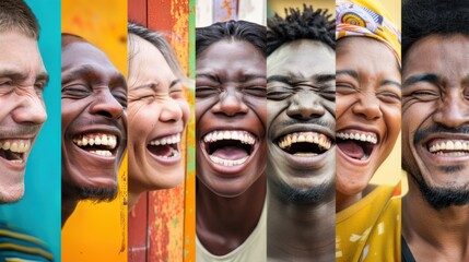 A collage of faces from diverse cultures and backgrounds expressing joy and laughter, Reflecting the universal language of happiness, photography style