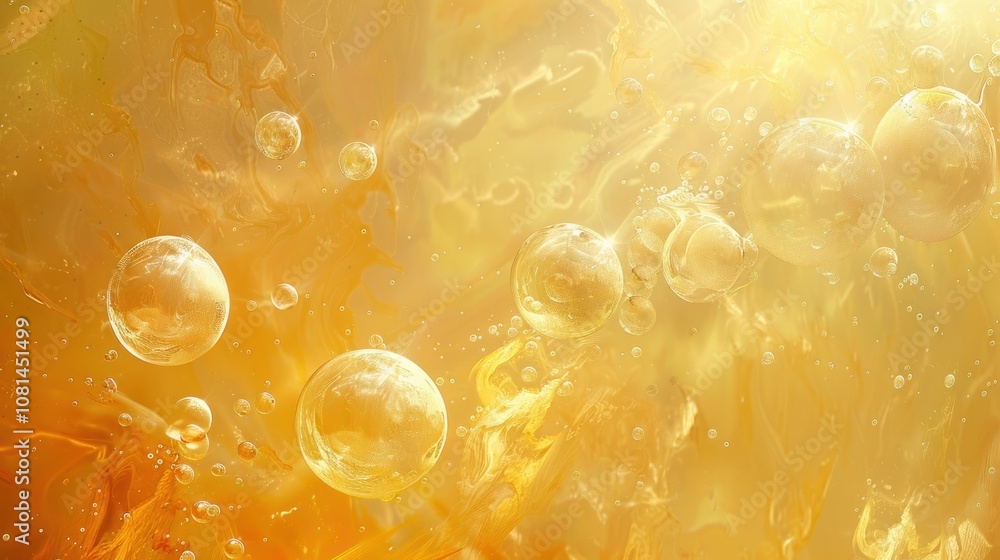 Poster abstract background of golden bubbles floating in a liquid.