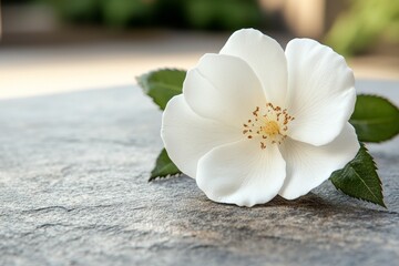 Fototapeta premium A white flower with a green leaf is on a stone surface