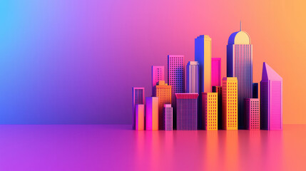 Obraz premium Bright 3D isometric city skyline with colorful buildings and vibrant gradient background, creating futuristic and lively atmosphere