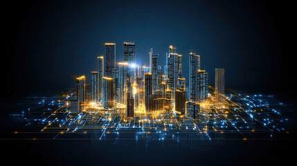 Fototapeta premium vibrant 3D isometric cityscape featuring smart grid design with glowing buildings and interconnected lines, showcasing futuristic urban environment