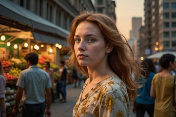 Fototapeta premium Young Woman with Flowing Hair in a Bustling Market at Sunset