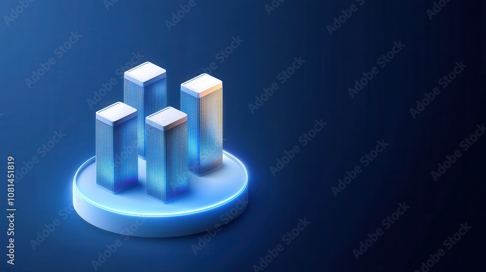 Poster futuristic 3d isometric cityscape with glowing skyscrapers on platform, showcasing modern architectu