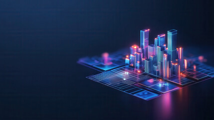 Futuristic cityscape with glowing buildings and digital grid layout, representing advanced technology and urban development