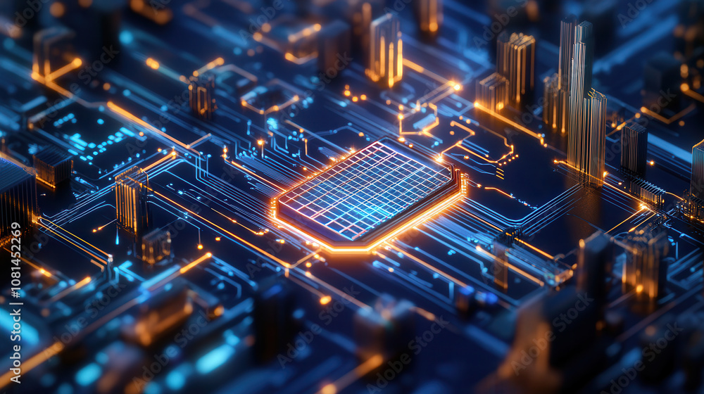 Poster close up view of futuristic circuit board with glowing elements, showcasing intricate patterns and v