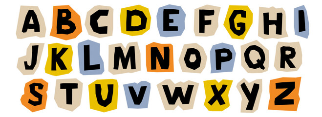 Paper cut out alphabet collection. Colorful capital letter collage piece set. Craft doodle kid font elements bundle for decoration, poster, banner, print. Ransom style uppercase abc pack. Vector 