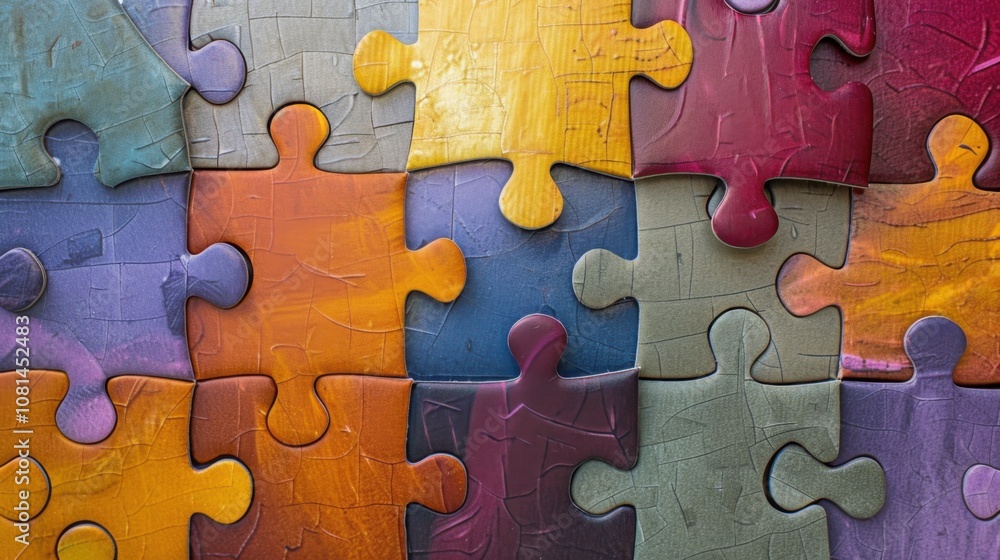 Poster a collage of puzzle pieces in varied shapes and textures fitting together seamlessly, representing t